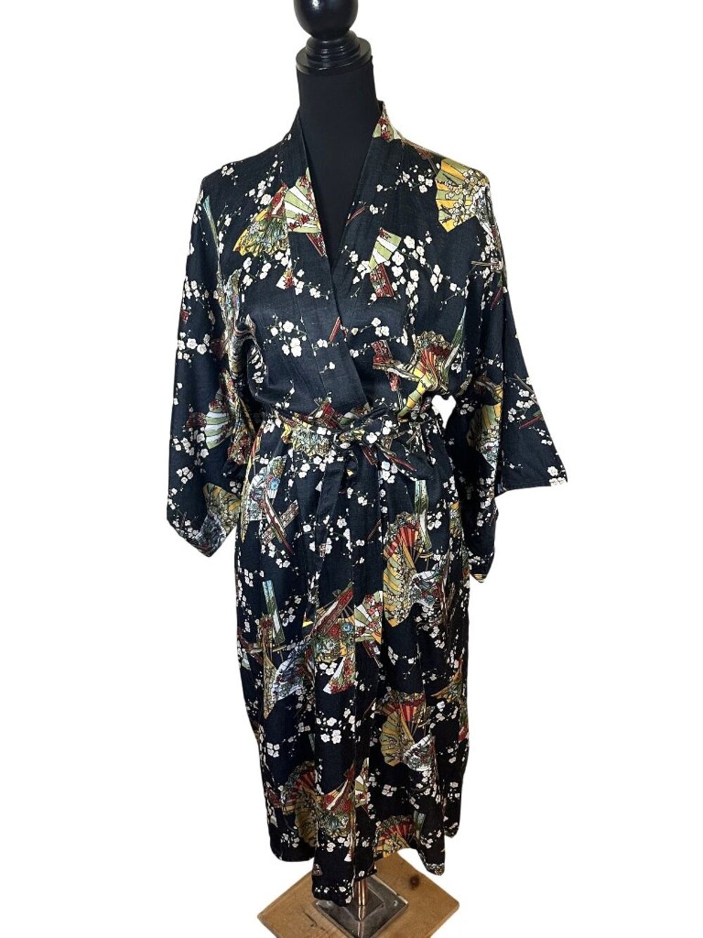 Vtg Womens Kimono Robe Obi Belt Floral Fan Print Black Multicolor One Size